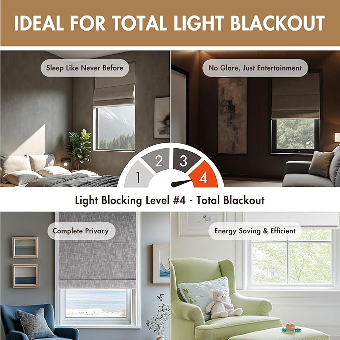Madison Park Cordless Roman Shades, Total Blackout Window Blind Privacy Window Shades, Thermal Insulated Cordless Window Treatment for Bedroom, Living Room, Quincy, Single Panel 29" W X 64" H Linen