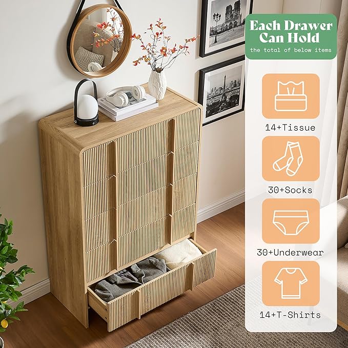 AMERLIFE Fluted 5 Drawer Dresser, 48" Tall Modern Chest of Storage Drawers with Pine Handles, Rounded Corners & Anti-Tip Design, Wood Closet Organizer for Bedroom, Living Room, Nursery, Natural Oak