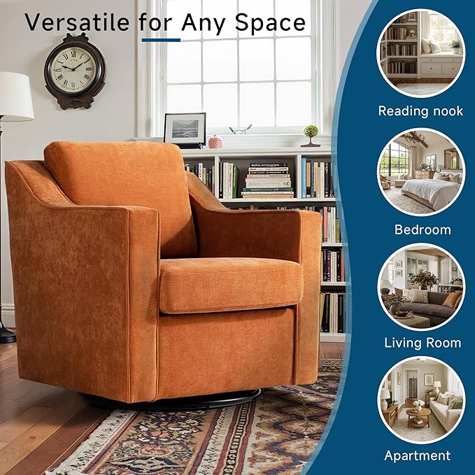 Pia Ricco 360° Swivel Accent Chair, Plush Oversized Chenille Fabric Armchair with Removable Cover for Living Room and Reception,Orange