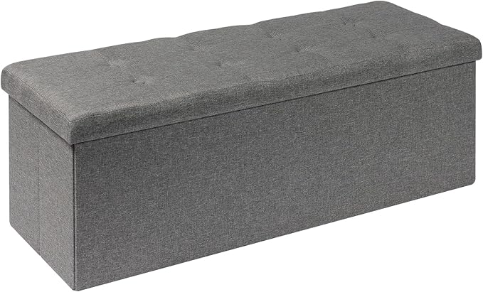 PINPLUS Folding Storage Ottoman Bench, Grey Linen Long Ottoman Chest Foot Rest Stool with Padded Seat, Chest with Tray, Bedroom Bench with Storage, 43.3inches