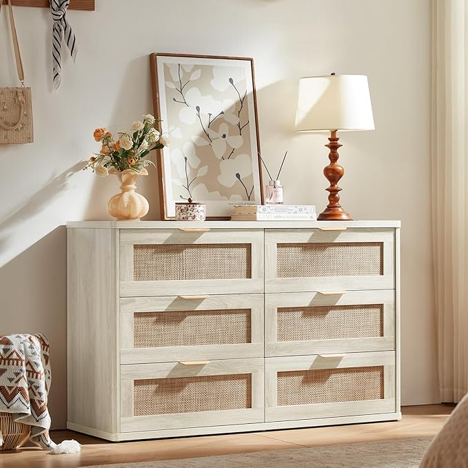LEYAOYAO Rattan 6 Drawer Dresser for Bedroom, Boho 48" Wide White Dresser Chest of Drawers, Dressers TV Stand with Metal Handle, Storage Dressers Closet Organizer for Living Room, Hallway