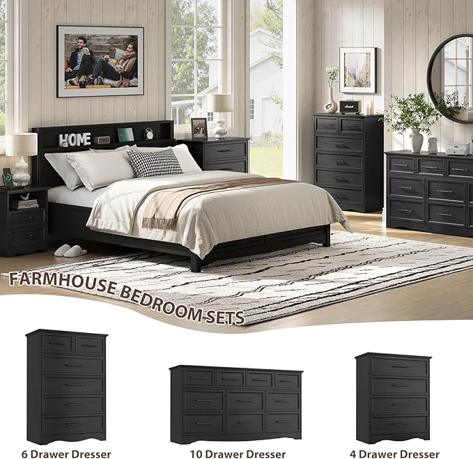 Black Farmhouse Dresser for Bedroom, 59" Wide Chest of Drawers with Brushed Metal Handle, 10 Chest of Drawers, Wood Closet Organizers and Storage Cabinet for Bedroom, Living Room, Hallway