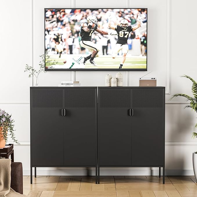 Black Metal Storage Cabinet, Metal Locker Storage Cabinet with Doors and Shelves, 3 Tier Steel Office Storage Cabinet, Metal Sideboard for Home, Office, Kitchen and Coffee Bar