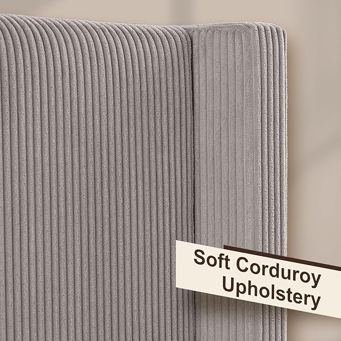 HOWE Queen Size Upholstered Platform Bed Frame, Wingback Bed with 50.8" Headboard, Corduroy/Solid Wood Leg/No Box Spring Needed/Noise Free/Taupe