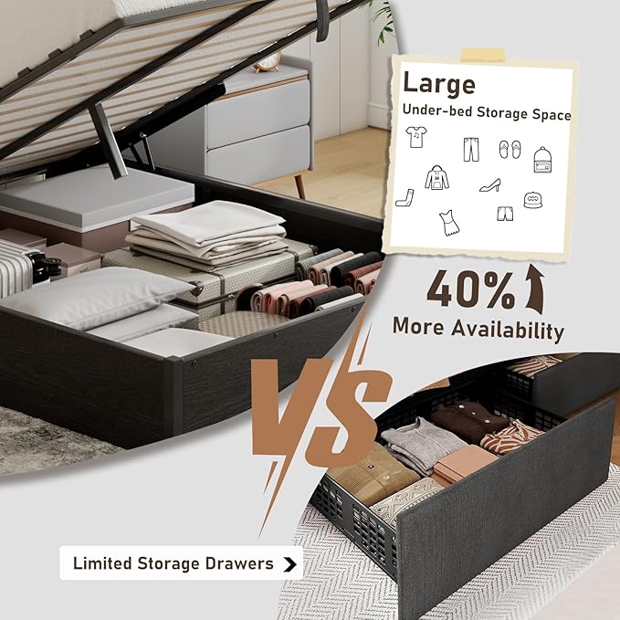 Queen Size Lift-Up Storage Platform Bed Frame, Metal Bed Frame with Wooden Slats Support, Spacious Underneath Storage, No Box Spring Required, Noise-Free, Black