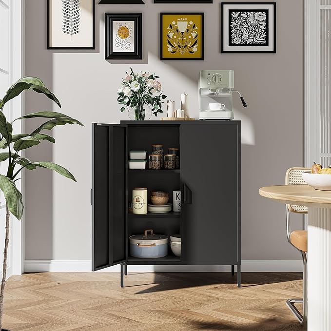 Metal Locker Storage Cabinet, Home Office Metal Storage Cabinet Small Sideboard with 2 Doors and 2 Adjustable Shelves,40" Counter Cabinets for Office Garage Bathroom Living Room Hallway