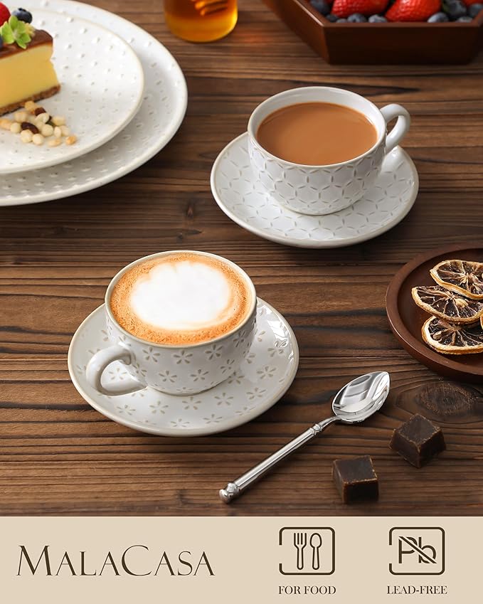 MALACASA 8 OZ Cappuccino Cups with Saucers Set of 4 - Ceramic Stackable Tea Cups and Saucers, Embossment Coffee Mugs for Tea, Latte and Mocha, Dishwasher Safe, Arctic white