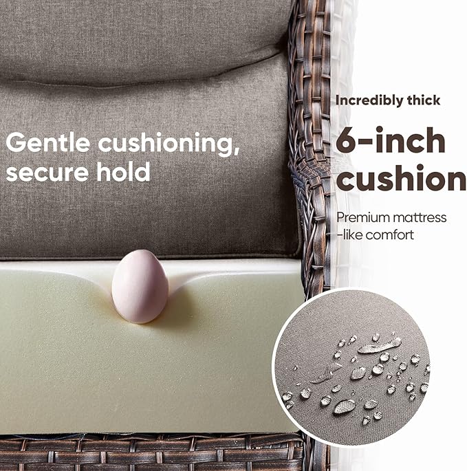 Swivel Patio Chairs sofa Set of 7 with 6" Thick Cushion - Wicker Outdoor Swivel Rocker Patio Chair ,Sofa/Glass coffee table, High Back Comfortable Outdoor Glider Chairs - Brown Wicker | Gery Cushions