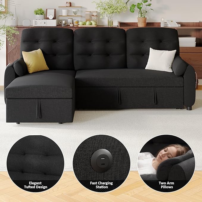 Ucloveria Sleeper Sofa Bed, 86" Convertible Sectional Sofa Couches for Living Room, Pull Out Couch Bed with Reversible Storage Chaise | USB Ports | Side Pockets | Removable Backrest