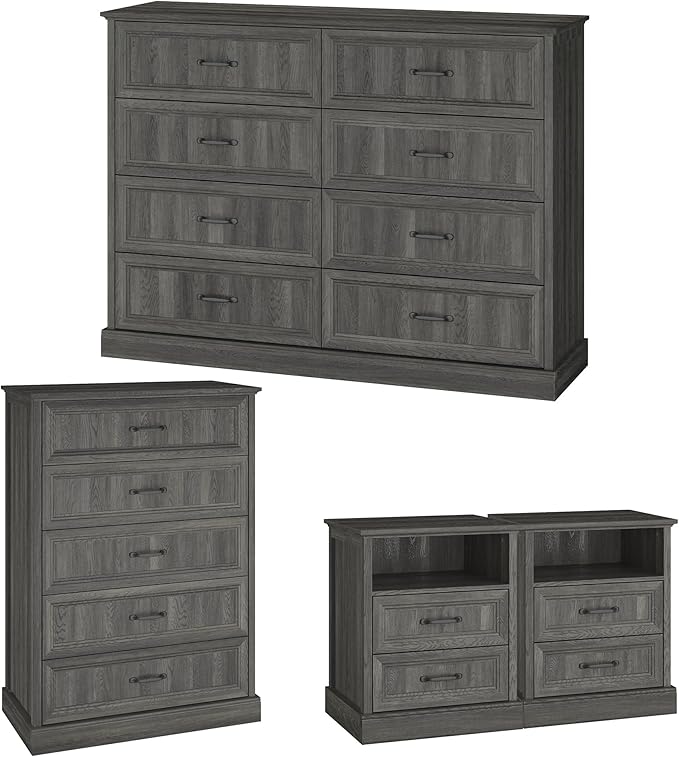 Farmhouse Dresser and Nightstand Sets, 4Pcs Bedroom Furniture Set, Nightstand Set of 2 & 55" Wide 8 Drawer and 44" Tall 5 Drawer Dresser with Large Drawers & Bar Handles, Grey