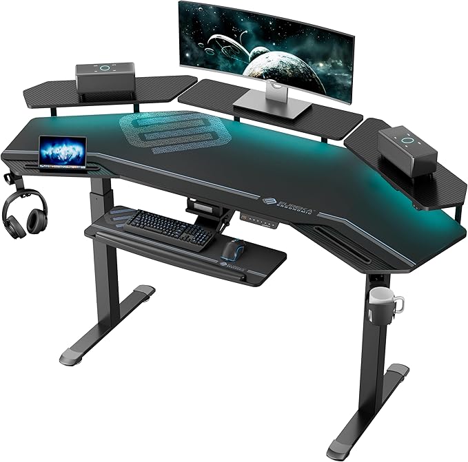 EUREKA ERGONOMIC Gaming Desk, Standing Desk w Keyboard Tray, 72" Wing Shaped Music Studio Table with LED Shelves, Gaming Recording Live Stream, Slot Design