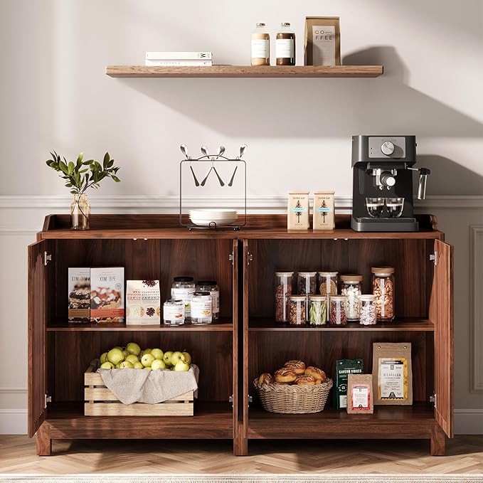 Tribesigns 57" Buffet Cabinet with Storage, Walnut Farmhouse Sideboard Cabinet with Doors & Shelves, Freestanding Wooden Accent Sideboard for Dining Room, Kitchen, Living Room