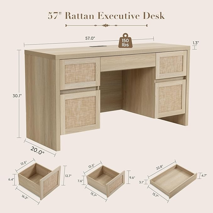 Yechen Executive Desk with 5 Drawers, 57" Modern Rattan Home Office Desk with Charging Station, File Drawer, Farmhouse Boho Computer Writing Desk for Study, Work, White