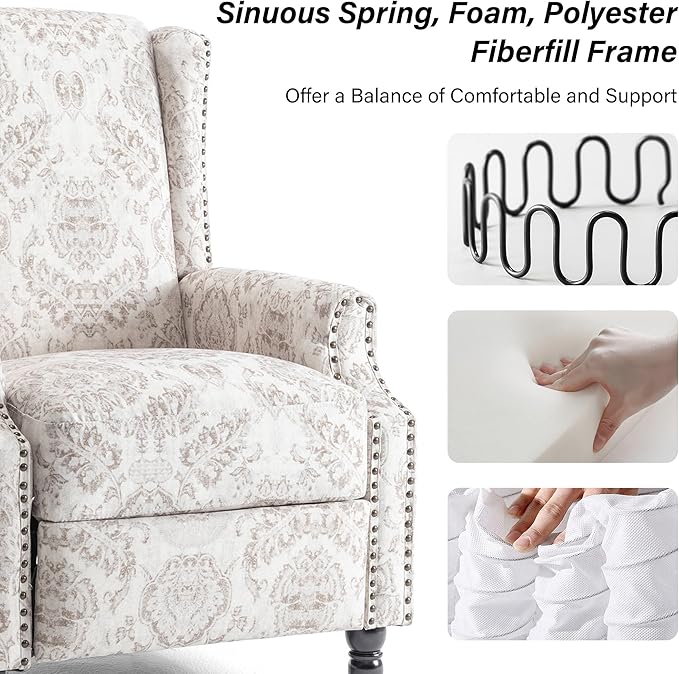 Recliner Chair, Upholstered Wingback Floral Pushback Armchair with Adjustable Backrest & Footrest, Comfy Accent Chair Reading Single Sofa for Small Spaces, Living Room, Bedroom (Beige, Set of 1)