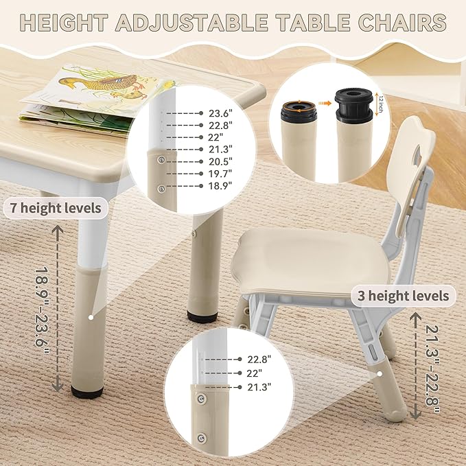 Kids Study Table and Chairs Set, Height Adjustable Toddler Table and Chair Set for Kids Ages 3-8, 23.6" L x 23.6" W Graffiti Desktop Plastic Children Art Table with 2 Seats, Burlywood