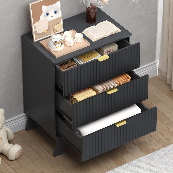 Fluted 3 Drawer Dresser, 30.3" Tall Compact Modern Boho Chest of Drawers, Wooden Storage Cabinet for Bedroom, Living Room, Entryway, Curved Profile Design