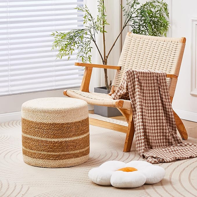Wimarsbon 18'' Ottoman Pouf, Natural Braided Poof, Rustic Handweave Lounge Pouffe, Boho Footrest Stool for Bedroom, Accent Table or Seat for Living Room