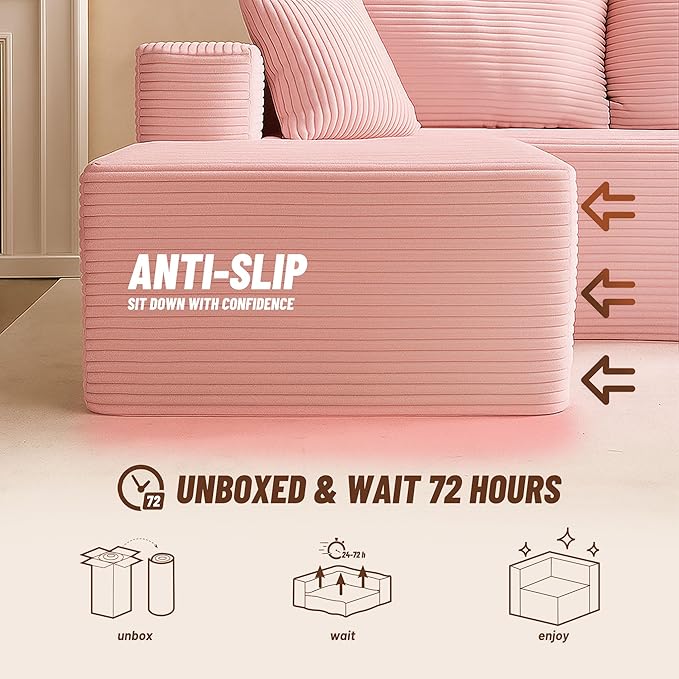 138" Boneless Couch with Deep Seat, Modular Sectional Sofa, Cloud Sectional Couch for Living Room, No Assembly Required, Corduroy, 4 Seater L-Shape Right, Pink