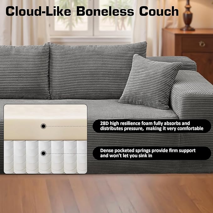 106" Cloud Sectional Couch with Chaise Lounge,L Shaped Modular Modern Sofa,Comfy Corduroy Fluffy Couches with Deep Seat,No Assembly Required Couch for Living Room(Left,Stripe Corduroy,Gray)
