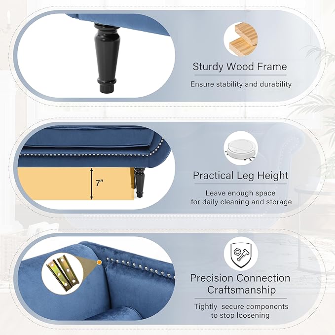 Christopher Knight Home Aurora Velvet Chaise Lounge Indoor with 2 Bolster Pillows, Upholstery Entryway Bench with Nailhead Trim & Curved Arms, End of Bed Bench Ottoman and Wooden Legs, Dark Blue