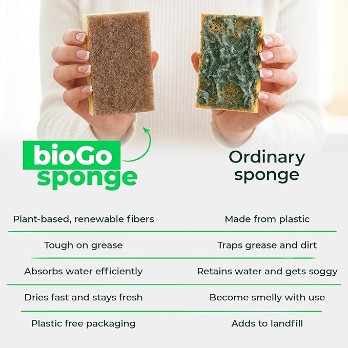 bioGo 12 Pack Natural Biodegradable Kitchen Sponges - Eco-Friendly, Compostable, Cellulose Dish - Compostable - Biodegradable - Cellulose Sponge