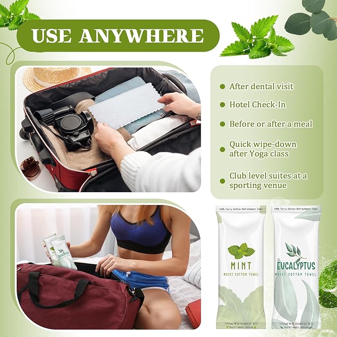 50 Pcs Moist Towelettes Individually Wrapped Scented Disposable Face Towels Essential Oil Infused Moist Terry Cotton Towel for Use Hot or Cold Travel Body Spa (Mint, Eucalyptus Leaves)