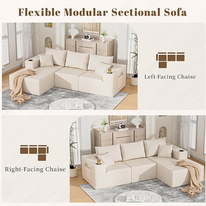 107" Cloud Sectional Couch, Modular Sectional Sofa with L-Shape Chaise, Corduroy Boneless Couch with Deep Seat, Upholstered Sofa for Living Room, No Assembly Required(Left-Facing Chaise, White)