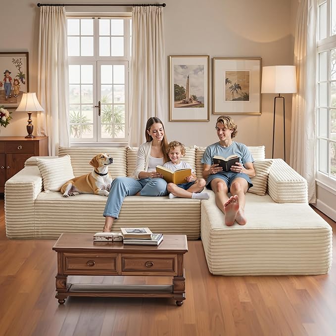 106" Cloud Sectional Couch with Chaise Lounge,L Shaped Modular Modern Sofa,Comfy Corduroy Fluffy Couches with Deep Seat,No Assembly Required Couch for Living Room(Right,Plush Corduroy,Beige)