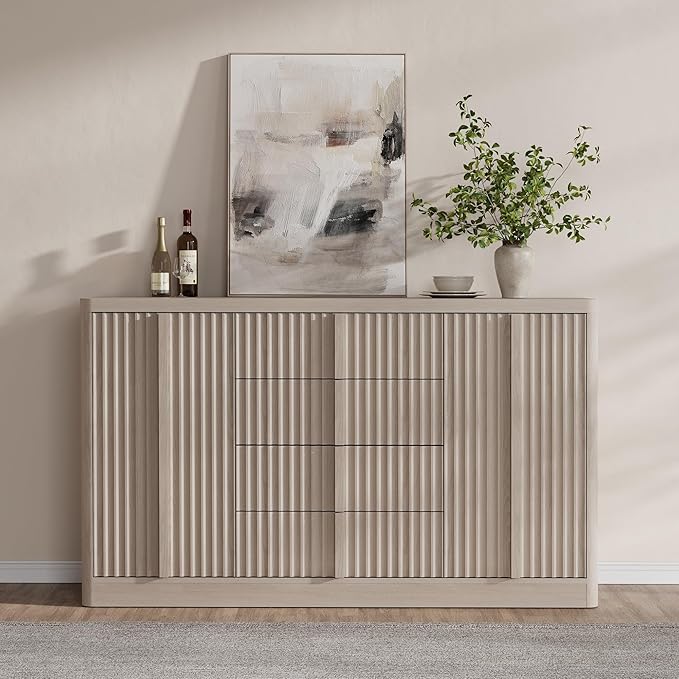 Buffet Cabinet with Storage, 60" Fluted Sideboard with 4 Drawers & 2 Door–Modern Accent Buffet Cabinet with Adjustable Shelves, Credenza Storage Cabinet for Kitchen Living Room, White Alder(1PC)