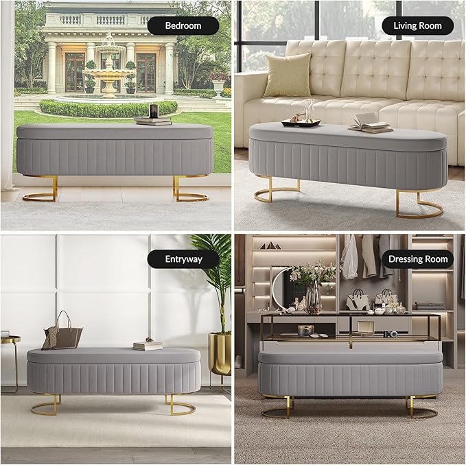 EcoHarbor Living 55.5" Storage Bench Ottoman End of Bed Bench Bedroom Bench, Upholstered Velvet Long Window Bench Large King Size with Gold Legs, Flipping Lid Entryway Footrest (Light Grey)