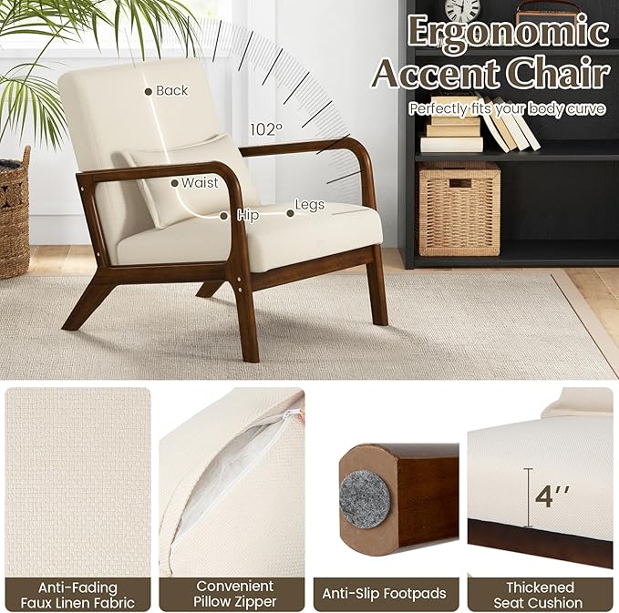 KOMFOTT Mid-Century Modern Accent Chair Set of 2, Living Room LeisureChair with Cushioned Seat & Back, Upholstered Armchair with Rubber Wood Frame & Lumbar Pillow, Lounge Chair for Bedroom, Beige