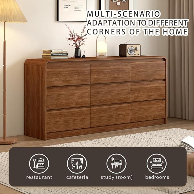 9 Drawer Dresser For Bedroom 63 Inch Wood Chest of Drawers - Curved Anti Collision, Mid Century Dresser For Closet with Natural Texture & Pre-Embedded Slots for TV Stand, Living Room, Nursery
