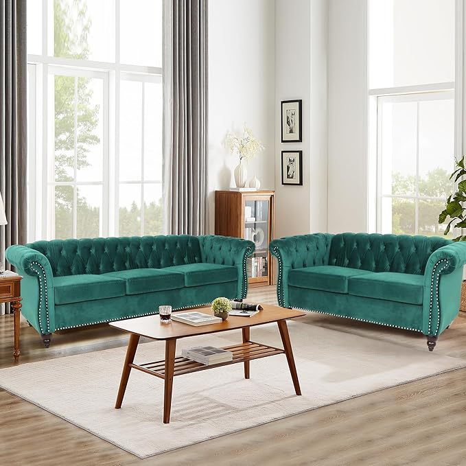 Home Sofa Living Room Furniture, 3 Seater 84" Velvet Upholstered Couch, Mid Century Modern Comfy Couch with Cushions, Classic Tufted Chesterfield Couches for Bedroom, Office, Apartment (Green)