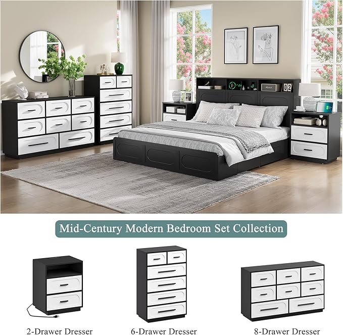 Nightstands Set of 2 with Charging Station, 25.8" Tall Wide Bedside Table with 2 Storage Drawers & Open Shelf, Mid Century Modern Wood End Table for Bedroom, Living Room, Black/White