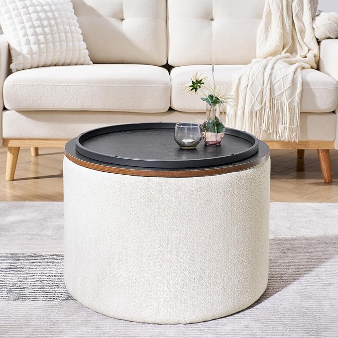 DAGONHIL 2-Piece Set Round Chenille Storage Ottoman, Equipped with a Drum Shaped Small Stool, Storage Space, and MDF Made Desktop Panel (Beige 23.6"x23.6"x16.5")