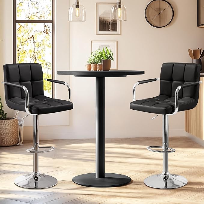 Yaheetech Bart Stools Set of 4, PU Leather Adjustable Barstools with Armrest, Counter Height Stool Chairs with Thickened Seat Cushion for Kitchen Island, Black