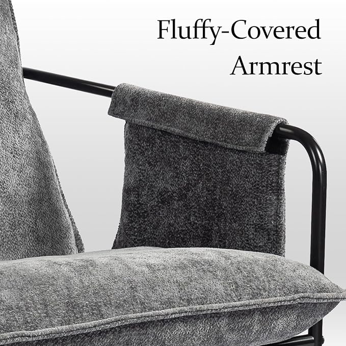 Modern Accent Chair Comfortable Living Room Chairs with Armrests, Bedroom Reading Chair, Chenille Upholstered Lounge Metal Chair