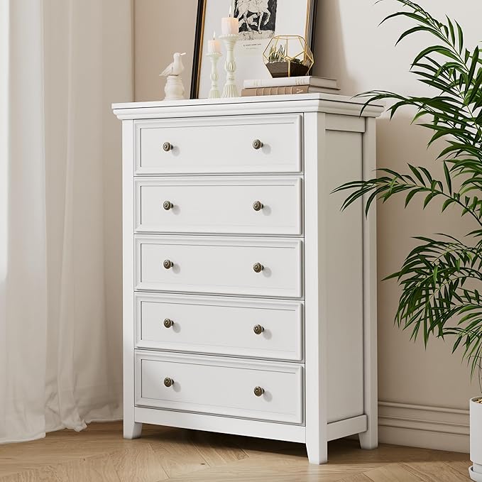 BLANKSPACE White Dresser, 5 Chest Drawer Dresser for Bedroom, Large Capacity Wood Cabinet for Bedroom, Modern Nightstand, Closets, Hallway