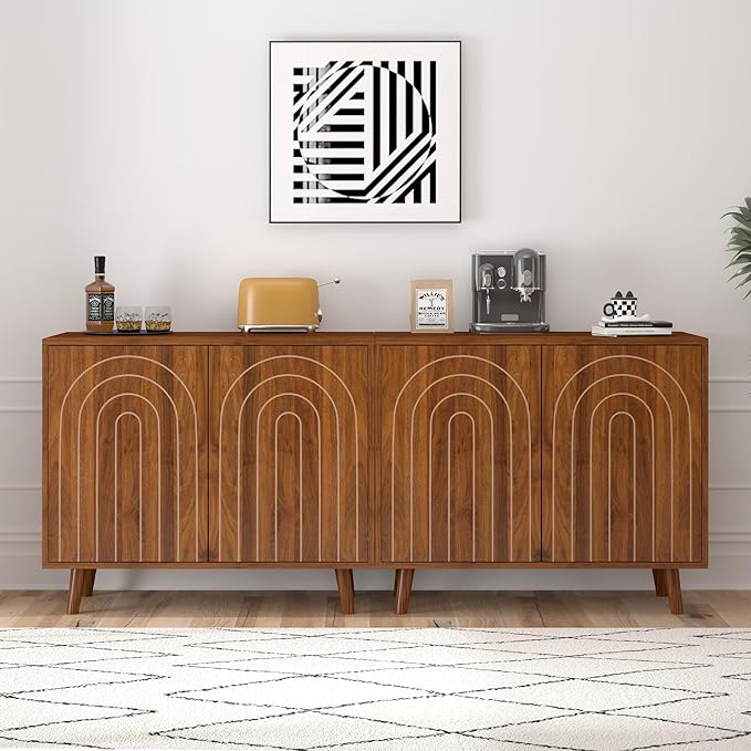 63" Sideboard Buffet Cabinet Set of 2, Modern Accent Cabinet with Carving Lines, Decorative Storage Cabinets for Bedroom Living Room Kitchen Office and Hallway (Walnut, 2)