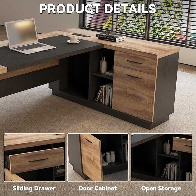 L Shape Executive Desk, Large Office Desk with Drawers & Shelves, 78.74 Inches Industrial Wooden Desk with Storage, Modern Computer Desk for Home Office, Black and Brown, Left Side