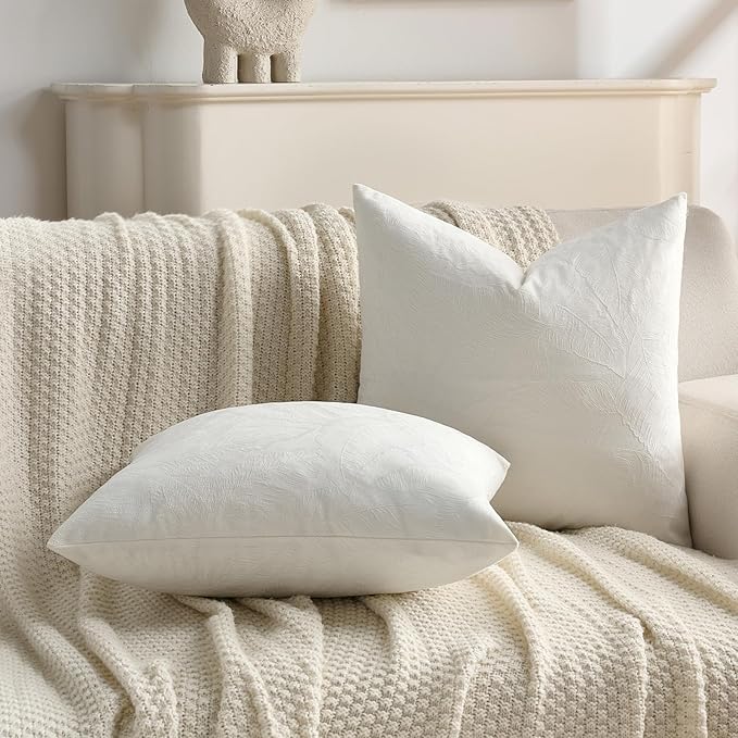 FUTEI Cream Velvet Throw Pillow Covers 24x24 Inch Set of 2,Soft Embossed Leaf-Relief Textured European Cushion Cases,Natural Home Decor for Couch Living Room