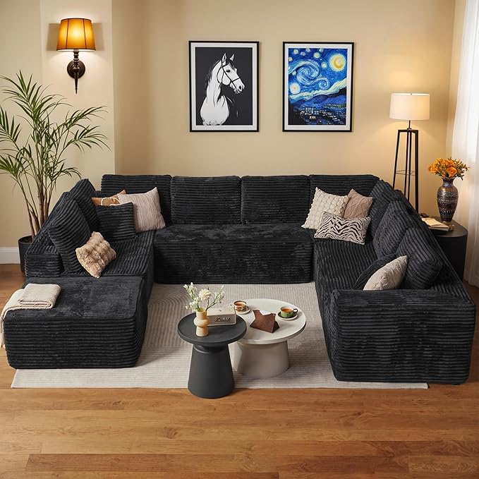 Weaxty Boneless Sectional Couch, Oversized L Shaped Modular Cloud Couches, Plush Corduroy Memory Foam Deep Seat Floor Sofa, No Assembly Required，Black