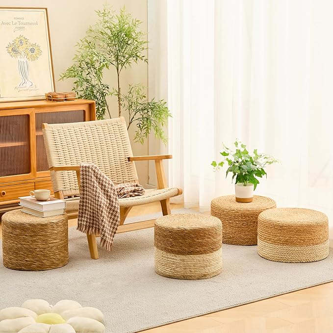 Wimarsbon Round Pouf Ottoman, Natural Hand Knitted Footrest Poof, Rustic Lounge Pouffe, Boho Pous Foot Stool, Accent Table or Seat (Natural Water Hyacinth + White Corn Husk, 17.7 * 17.7 * 9.84)