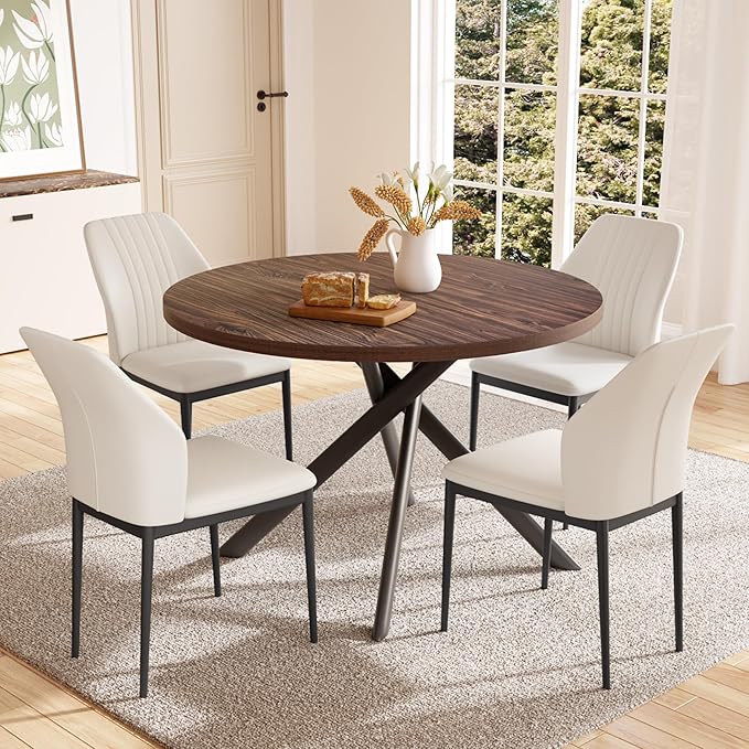 45.3'' Walnut Round Dining Table Set for 4, Mid Century Modern Small Coffee Set for Dining Room Kitchen Apartment (Dark Walnut Table + 4 White Chairs)