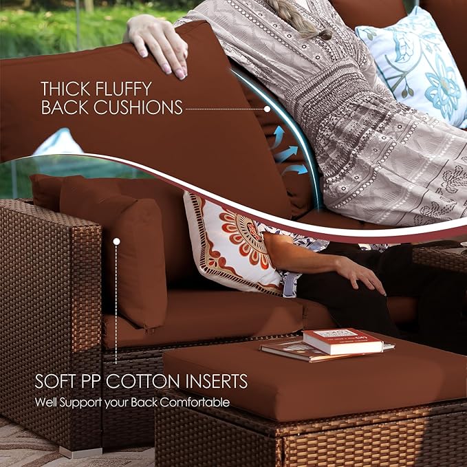 NICESOUL 9 Pcs Large Patio Furniture Set with Fire Pit Propane/Natural Gas, 29.3'' High Back Wicker Outdoor Sectional for 8 People, Modular Deep Sofa Conversation Sets, Brown Rattan and Red Cushion