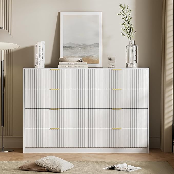 White 8 Drawer Dresser for Bedroom, Modern Dresser with Smooth Slides, Wide Chest of Drawers with Golden Handles for Bedroom, Living Room, Closet, 15.7" D x 55" W x 37.4" H