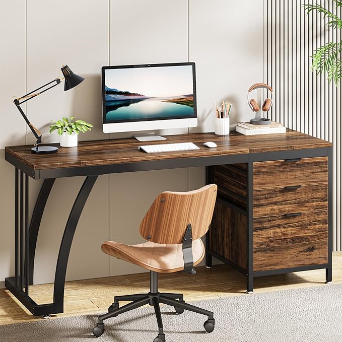 Tribesigns Computer Desk with 3 Drawers, 59-Inch PC Desk with Reversible Drawers, Industrial Study Writing Table Workstation with File Storage for Home Office, Rustic Brown