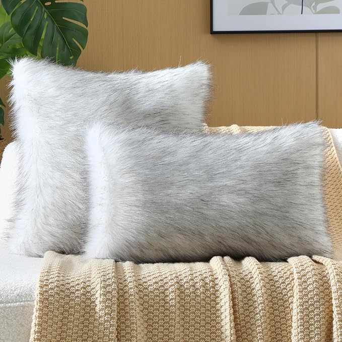 FUTEI Black White Decorative Throw Pillow Covers 16x16 Inch Set of 2,Soft Fluffy Faux Fox Fur Textured Cushion Case,Modern Home Decor for Couch Living Room