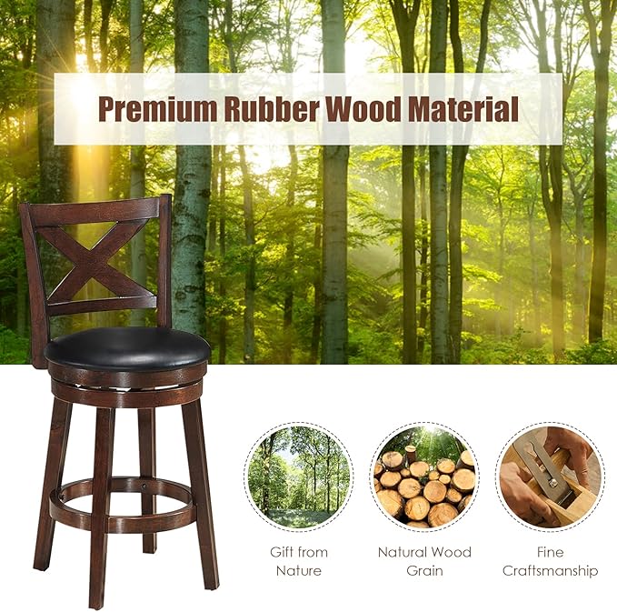 COSTWAY Bar Stools Set of 2, Counter Height Dining Chair, Fabric Upholstered 360 Degree Swivel, PVC Cushioned Seat, Perfect for Dining and Living Room