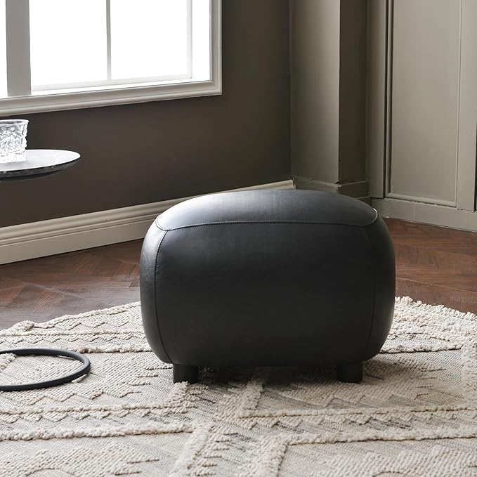 KINWELL 23" Wide Faux Leather Upholstered Ottoman, Mid-Century Modern Living Room Footrest with Soft Padded Seat, Footstool for Bedroom, Entryway or Living Room, Black